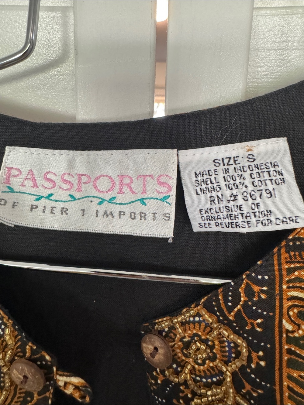 Vintage 90s Passports of Pier 1 Imports Brown Batik Beaded Cropped Jacket S - Picture 2 of 10